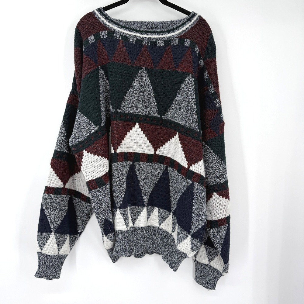 Sweater Graphix‎ Vintage 90s Mens Geometric Triangle Knit Pullover Burgundy 2XL